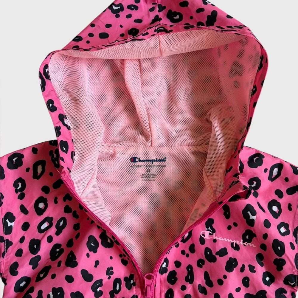 Champion Girls Pink Black Leopard Hooded Windbreaker Jacket Size 4T Lightweight